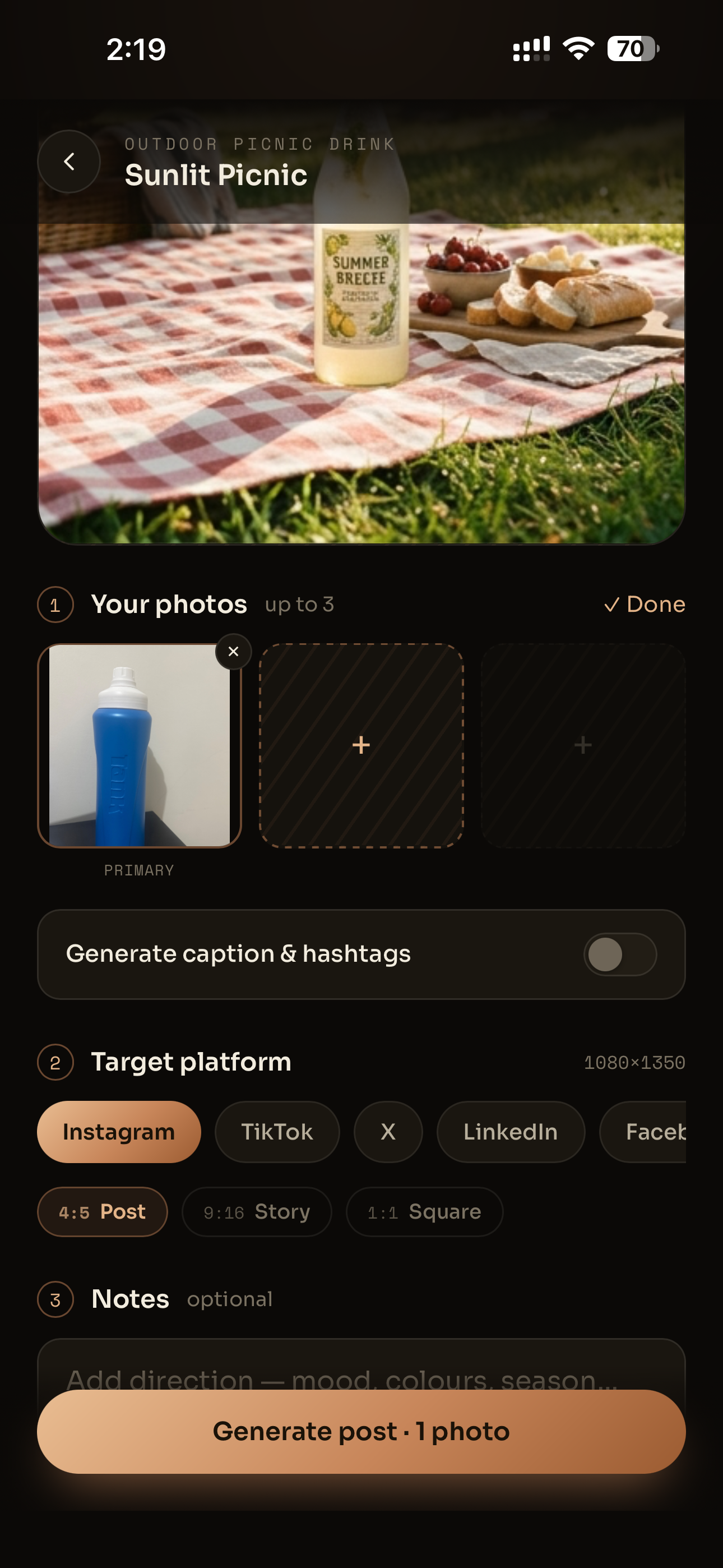 Adding a product photo and picking Instagram as the target platform