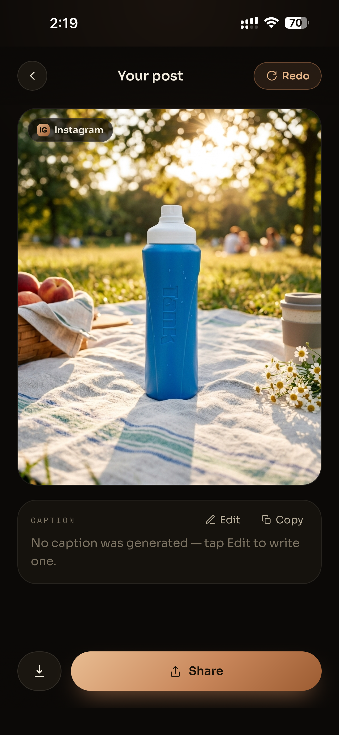 The finished PostLux post: the product staged in a golden-hour picnic scene
